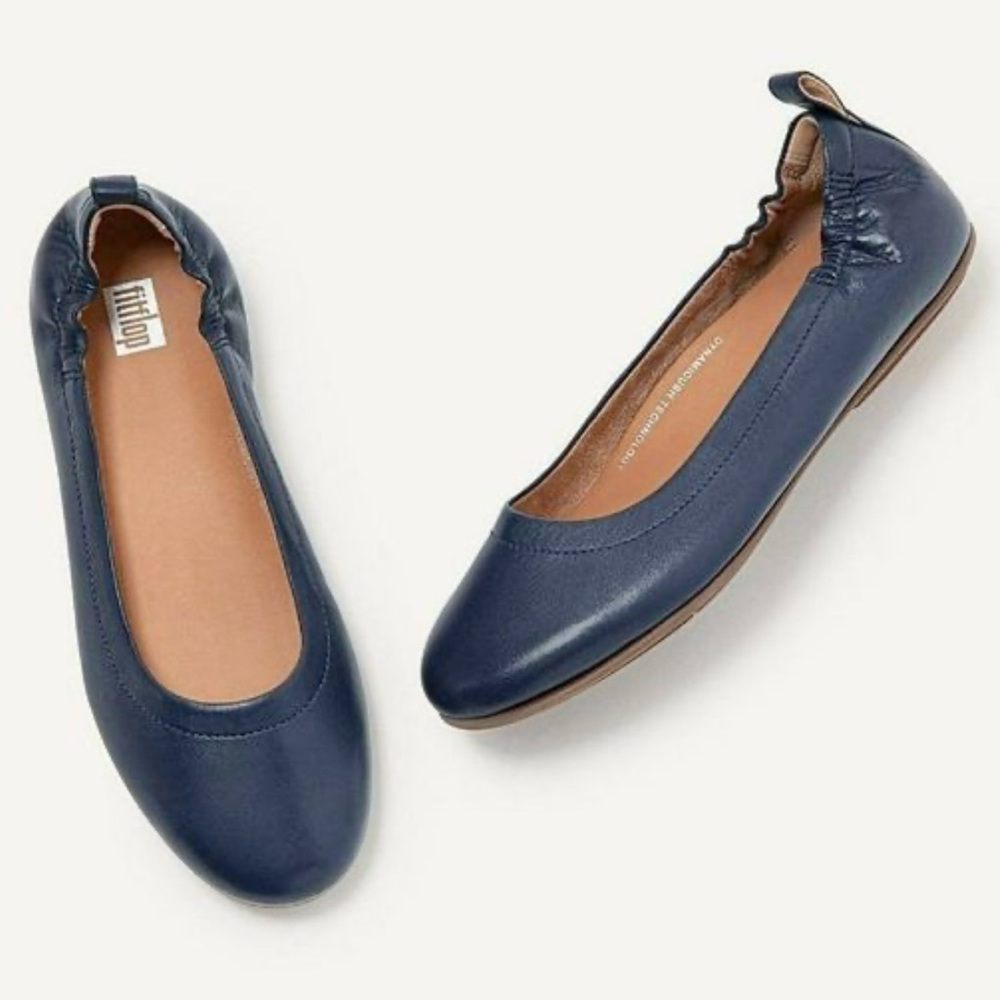 Fitflop Allegro Navy Blue Soft Leather Ballerina Round Toe Stretch Flats Size 9
